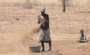 A woman pans for gold at an artisanal mine site in Burkina Faso. These primitive techniques sometimes lead to the discovery of more sizable gold deposits.