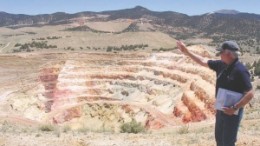 Gryphon Gold's vice-president of exploration, Steven Craig, indicating a structural trend at the Borealis project, in Nevada.