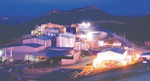 A nighttime view of the plant at Capstone Mining's Cozamin polymetallic mine in Mexico.