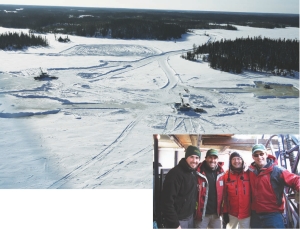 Drilling on Vamp Lake at Murgor Resources' Hudvam copper-gold-zinc-silver deposit in Flin Flon, Man. Inset, in one of the three drills at the Hudvam property (from left): Geologist Jaysen Johnson; president & CEO Andr Tessier; VP of exploration Jean-Philippe Desrochers; and geologist Ben Batson.