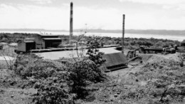Inco's spectacular failure: the Exmibal 11,000-tonne-nickel-per-year matte smelting plant on the northwestern shore of Lake Izabal, as it appeared in 2003. Built at a cost of US$220 million, the oil-powered plant was shuttered in 1980 after only a few years of operation due to high oil prices and low nickel prices.