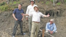 The core Tirex Resources team around the first drill hole at the Koshaj VMS deposit, in Albania. From left: CEO Bryan Slusarchuk, director George Gorzynski, chief Albanian geologist Preparim Alikaj, and chief geologist Allan Miller.