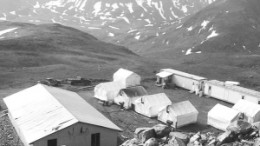 Overlooking the camp at North American Tungsten's Mactung property, in the Yukon. The tungsten project is located 8 km northwest of the MacMillan Pass, in the Selwyn Mountain range, near the border with the Northwest Territories.