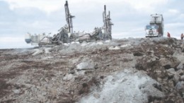 Drilling the rugged landsape at Agnico-Eagle Mines' 100%-owned Meadowbank gold property, in Nunavut, 70 km north of Baker Lake, near the western shores of Hudson Bay. The company plans to begin production at the open-pit mine by the beginning of 2010.