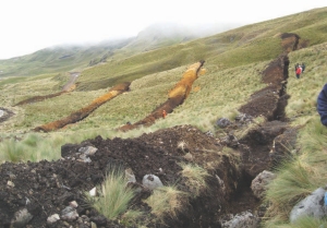 Trenches line the hillside at the Structure area of Sinchao Metals' namesake copper-gold-silver project, in Peru.