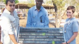 Left to right: Continental Nickel's senior geologist Gerry Katchen, project manager Christopher Airo, and vice-president of exploration Patti Tirschmann show off massive sulphide intersections from the company's Nachingwea nickel sulphide project in Tanzania.