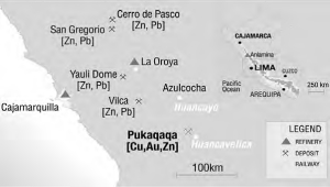 A map showing the location of Tiomin Resources' 49%-owned Pukaqaqa copper-gold deposit in Peru, one of the assets the company would bring to the table in a proposed merger with Cadiscor Resources.