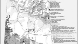 The locations of all of Saskatchewan's major deposits. The map also shows the outline of the tectonic provinces and lithostructural domains of the Precambrian Shield in northern Saskatchewan.