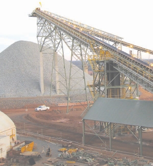 Stockpiling coarse ore at Newmont Mining's Boddington copper-gold project, 130 km southeast of Perth, in Australia.