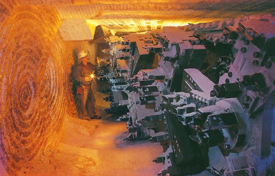 At Potash Corp.'s Rocanville potash mine in Saskatachewan. Each miner rotor cuts a circular profile, giving a three-pass cut to produce a final room width of 20 metres. Credit: PCS