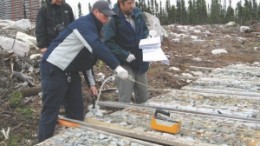 Looking at core at Strateco Resources' Matoush uranium project.