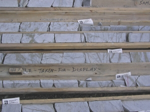 Core samples from Eagle Hill Exploration's Windfall Lake gold project in northern Quebec. The company recently released its first drill result, tripling the company's stock price.