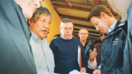 Barrick Gold regional president for South America, Igor Gonzales (left), reviews plans for earthquake relief with president and CEO Aaron Regent (right) during a visit to the town of Vichuqun, Chile. Barrick, which operates the Zaldivar copper mine in Chile, has pledged $5 million to support reconstruction in the region.