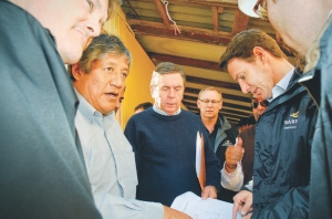 Barrick Gold regional president for South America, Igor Gonzales (left), reviews plans for earthquake relief with president and CEO Aaron Regent (right) during a visit to the town of Vichuqun, Chile. Barrick, which operates the Zaldivar copper mine in Chile, has pledged $5 million to support reconstruction in the region.