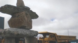 A large inukshuk near Agnico-Eagle Mine's Meadowbank gold mine in Nunavut. The project is a significant source of income for the local communities in this remote region.