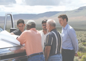 Western Lithium president Jay Chmelauskas (far right) and Dennis Bryan, senior vice-president of development (second from right) show off the Kings Valley lithium property in northern Nevada to a group of site visitors.