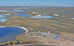 An aerial view of the camp at North Country Gold's Three Bluffs gold project in Nunavut, 300 km northeast of Baker Lake.