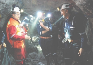 Underground in Endeavour Silver's Bolanitos mine in Mexico, with chairman and CEO Bradford Cooke on the far right.