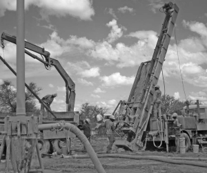 Workers drilling at Hana Mining's Ghanzi copper-silver project in Botswana's Kalahari Desert.