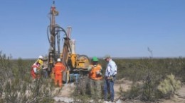 Blue Sky Uranium exploration manager Bruce Smith with drillers at Anit.