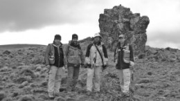 Mirasol Resources' Argentine exploration team in front of the Julia vein discovery outcrop, from left: Tim Heenan, exploration manager; Claudio Lucero and Facundo Flores, project geologists; and Paul Lhotka, principal geologist.