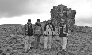 Mirasol Resources' Argentine exploration team in front of the Julia vein discovery outcrop, from left: Tim Heenan, exploration manager; Claudio Lucero and Facundo Flores, project geologists; and Paul Lhotka, principal geologist.