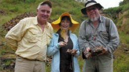 Holding high-grade gold quartz vein samples at the Boa Vista project in Brazil's Tapajos district, from left: Ian Stalker CEO of Brazilian Gold; Joanne Yan, president; and Pedro Jacobi from joint venture partner Golden Tapajos. Photo by Brazilian Gold