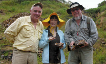 Holding high-grade gold quartz vein samples at the Boa Vista project in Brazil's Tapajos district, from left: Ian Stalker CEO of Brazilian Gold; Joanne Yan, president; and Pedro Jacobi from joint venture partner Golden Tapajos. Photo by Brazilian Gold