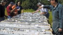 Temex Resources CEO Ian Campbell (second from left) with management and directors viewing core from the Hallnor property in Timmins, Ont. Photo by Temex Resources