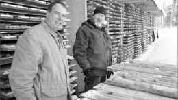 From left, VMS Ventures' advisory board member Alan Bailes and vice-president of exploration Mark Fedikow at the Reed Lake polymetallic project's core shack. Photo by VMS Ventures