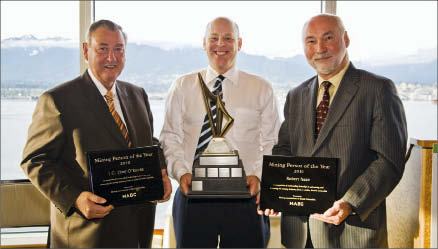 Mining Association of British Columbia CEO Pierre Gratton (centre) with award winners Jim O'Rourke (left) and Robert Pease (right). Photo by Mining Association of BC