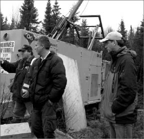 Canadian Lithium CEO Peter Secker, second from left, with colleagues at Quebec Lithium project in 2009. Photo by Photo by Alisha Hiyate