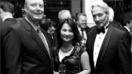 At the Rock of Ages gala, from left: Douglas Kirwin, Ivanhoe Mines executive vice-president of exploration and ore collector; Monica Lin, University of Toronto director of advancement; and Bill Simmons, University of Toronto vice-president of university development. Photo by Sabrina Bollenbach