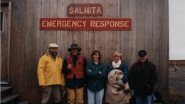 From left to right: Nick Pokhilenko, John McDonald, Joan McCorquodale, Sophie Taylor and Randy Turner -- most of the original Winspear team (Walter Melnyk is not pictured). The company's first exploration camp was at the Salmita past-producing gold mine. Photo by Randy Turner