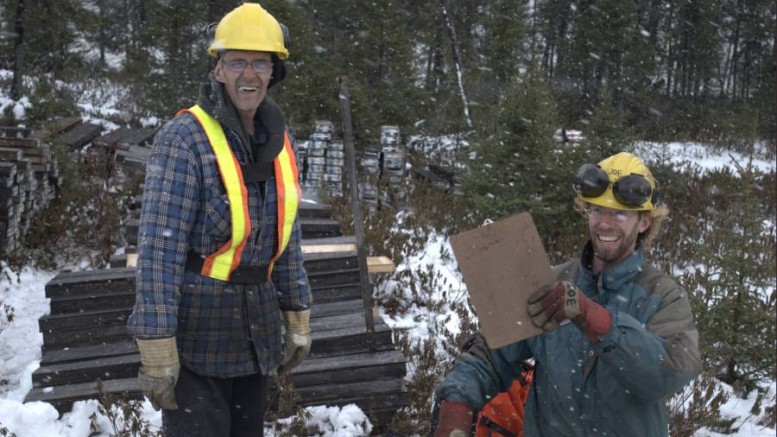 Sampling old drill core for mine tailings weathering tests at Stornoway Diamond's Renard project. Photo by Stornoway Diamond