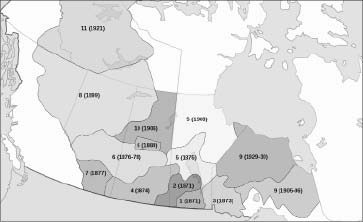 Areas under the 11 post-confederation treaties signed by the Canadian Crown and Aboriginal peoples.