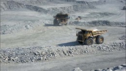 Trucks at Agnico-Eagle Mines' Meadowbank gold mine in Nunavut. Photo by Salma Tarikh