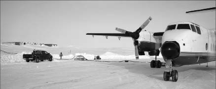 An aircraft on an ice strip at Mountain Province Diamonds' Gahcho Ku diamond project in the Northwest Territories. Photo by Mountain Province diamonds