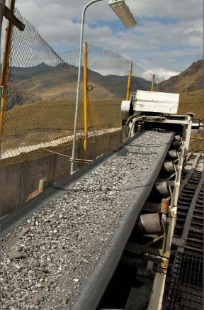 A conveyor moves ore at Malaga's Pasto Bueno tungsten mine in Peru. Photo by Grard Tournebize