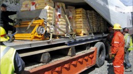 Workers unloading explosives at Canadian Zinc's Prairie Creek zinc project in the Northwest Territories. Photo by Canadian Zinc