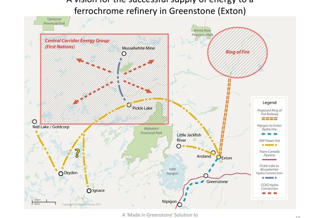 A map of the proposed plan supply electricity to a ferrochrome refinery in Greenstone.