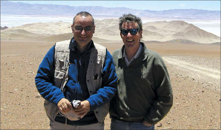 Geologist and project manager Guillermo Almandoz (left) and investor Ross Beaty at Lumina Copper's Taca Taca project in Argentina's Salta province. Photo by Trish Saywell