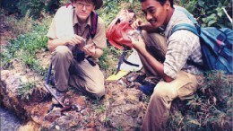 Senior geologist Al Workman and trainee geologist Waluyo Hadi on an epithermal gold project in Central Java, Indonesia in 1997. Photo by Watts, Griffis and McOuat