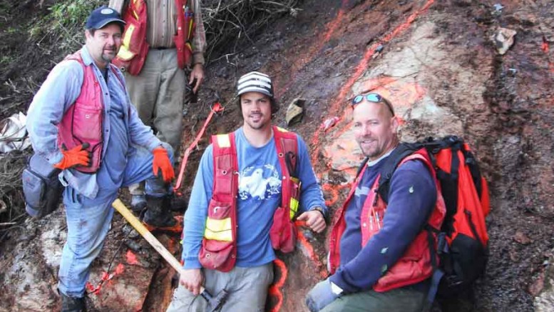 At a fuchsite outcrop on the Snip-Bronson trend at Skyline Gold's Golden Triangle property in Northern British Columbia, from top: Itasca Consulting structural geologist John Fedorowich, CEO John Zbeetnoff, project geologist Brian Janes and COO Jim Sparling. Photo by Skyline Gold