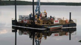 Working on one of Rodren Drilling's barges at Gold Canyon Resources' Springpole gold project in northwest Ontario. Photo by Rodren Drilling