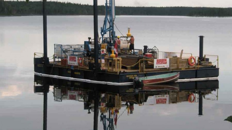 Working on one of Rodren Drilling's barges at Gold Canyon Resources' Springpole gold project in northwest Ontario. Photo by Rodren Drilling