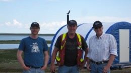 From left: Geologist Jacques Stacey, exploration manager Bill Cronk and COO Andrew Berry, in front of the Nutaaq Camp at Kivalliq Energy's Angilak uranium project in Nunavut. Photo by Kivalliq Energy