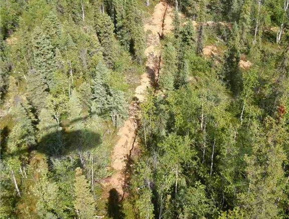 An aerial view of a trench at Ethos Gold's Betty gold project in the Yukon. Photo by Ethos Gold