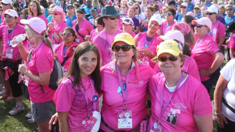 Women in Mining during last year's Weekend to End Women's Cancers: Agnico-Eagle Mines senior geologist Jane Werniuk (centre) and Investors Group financial advisor Cathy Fletcher (right), with Gina Pace. Photo by Weekend to End Women's Cancers