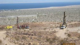 Drill rigs, with the Salton Sea in the background, at Teras Resources' Cahuilla gold-silver project in Imperial County, southern California. Source: Teras Resources